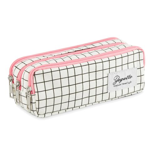 Biały piórnik szkolny trzykomorowy z różowymi suwakami w czarną kratę ZG722 - miniatura