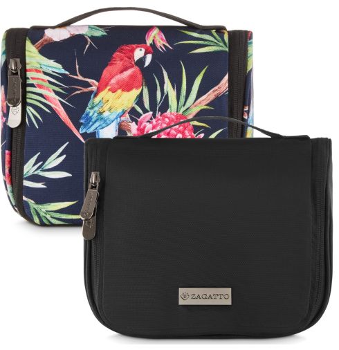 Sada dvou kosmetických taštiček s háčkem a zrcátkem ZG731 a ZG732 - černá a tmavě modrá s papoušky - přední fotografie, hlavní, miniatura