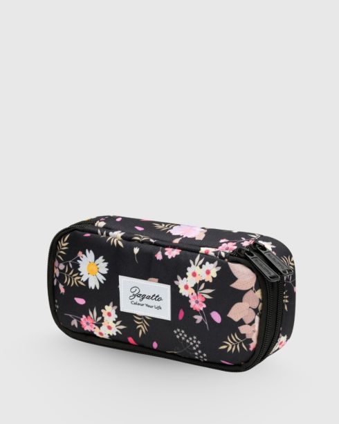 Černý dvoukomorový penál s květinami, polyester a nylon, Zagatto