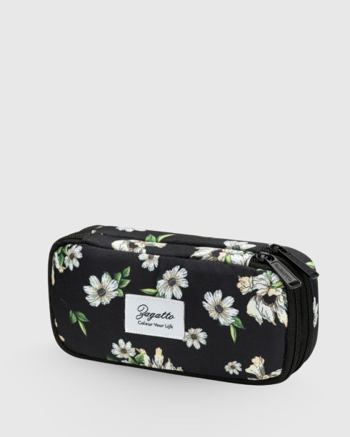 Černý dvoukomorový penál s květinami bez vybavení, polyester a nylon, Zagatto