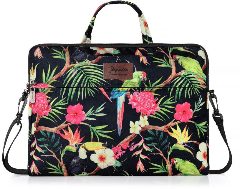 Černá brašna na notebook 15,6 palce s květinami a papoušky Rio, polyester a nylon, Zagatto